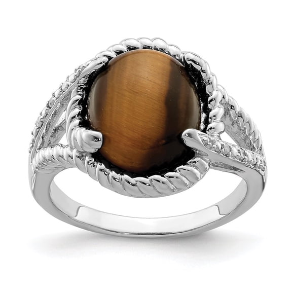 Diamond2Deal 925 Sterling Silver Rhodium-plated Tigers Eye Quartz and Diamond Ring for Women Size- 6