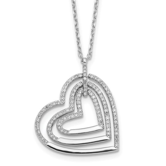 Diamond2Deal 925 Sterling Silver Rhodium-plated Triple Open Cubic Zirconia Heart w/2 in Extender Necklace for Women 16"