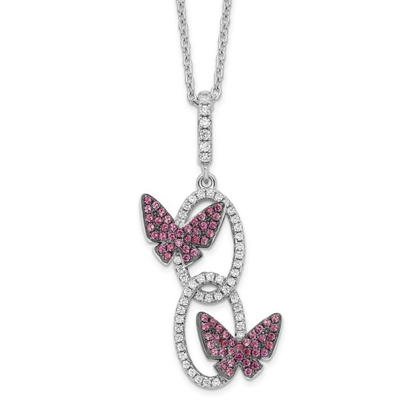 Diamond2Deal 925 Sterling Silver Rhodium-plated White CZ Ovals with Red CZ Butterflies Necklace with 2 Inch Extender for Women 18"
