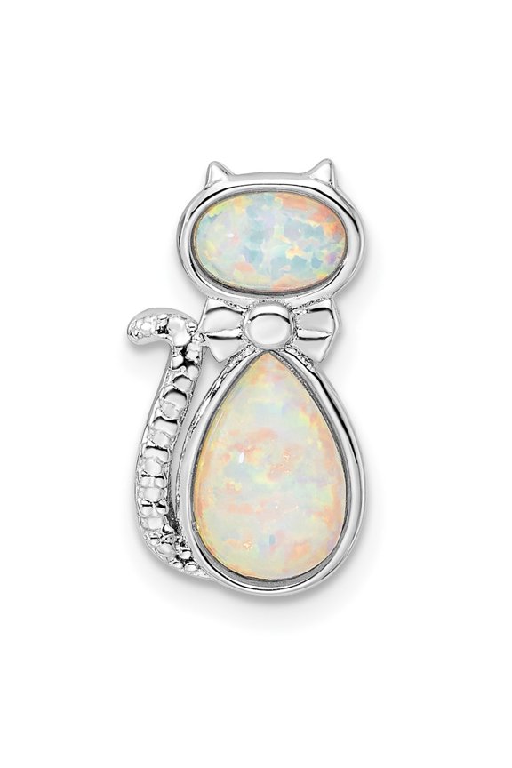 925 Sterling Silver Rhodium-plated White Created Opal Cat Chain Slide (L-17.65 mm, W-9.57 mm)