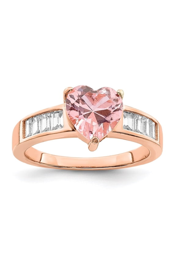 925 Sterling Silver Rose plated Crystal Heart and White Cubic Zirconia Baguette Ring for Women Size- 7