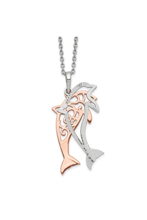 Diamond2Deal 925 Sterling Silver Rose-tone Diamond-Cut Dolphin with 2" ext. Chain Pendant Necklace for Women 16"