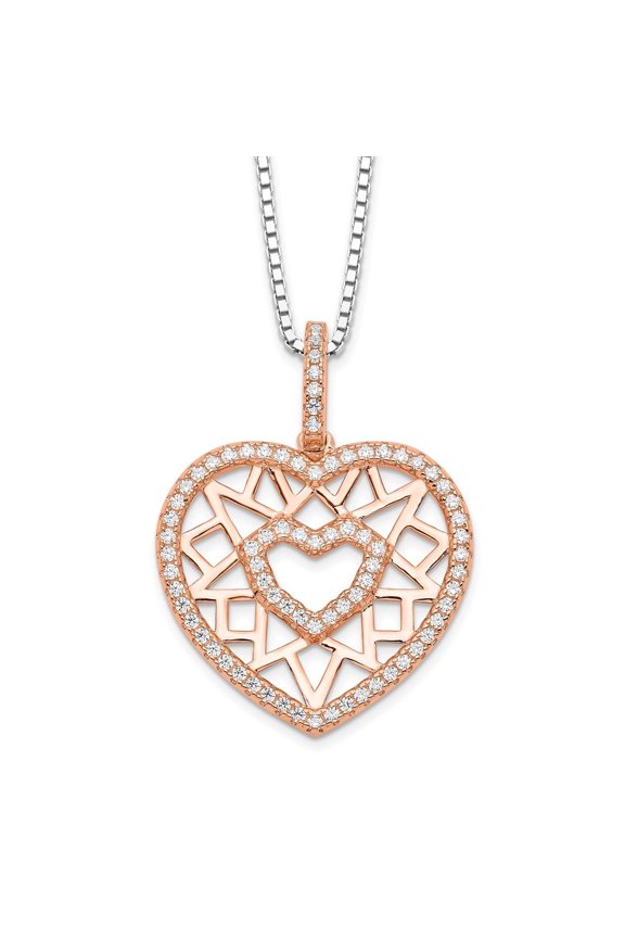 925 Sterling Silver Rose-tone Flash Rose Gold Plated 77 Stone Micro Pav Cubic Zirconia Heart Necklace with 2 Inch Extender for Women 18"