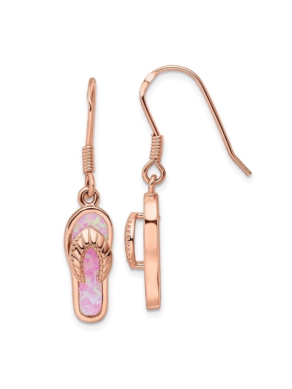 925 Sterling Silver Rose-tone Pink Created Opal Inlay Flip Flop Dangle Earrings for Women