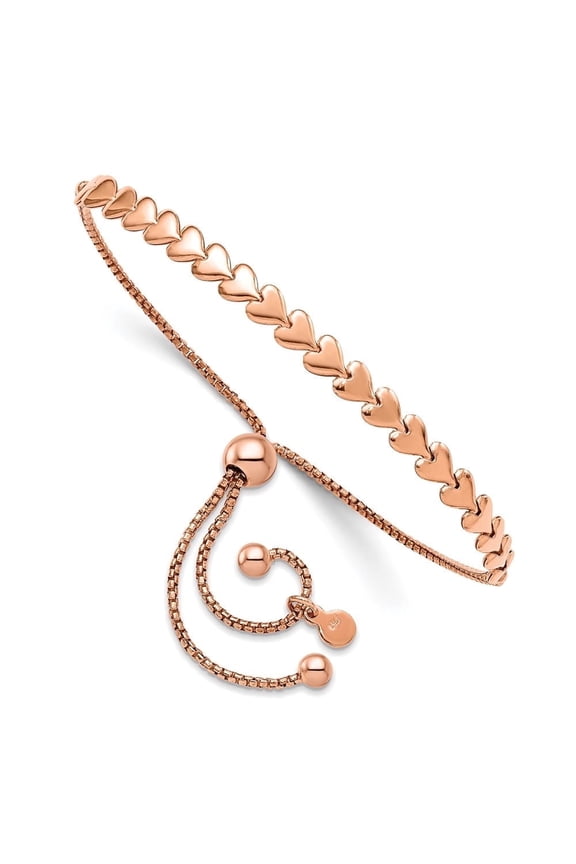 925 Sterling Silver Rose-tone Polished Heart Bolo Chain Bracelet for Women