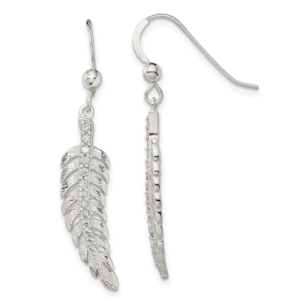 DIAMOND2DEAL INC Diamond2Deal 925 Sterling Silver Textured Cubic Zirconia Feather Shepherd Hook Earrings for Women (L- 1.56 inch, W- 0.31 inch)
