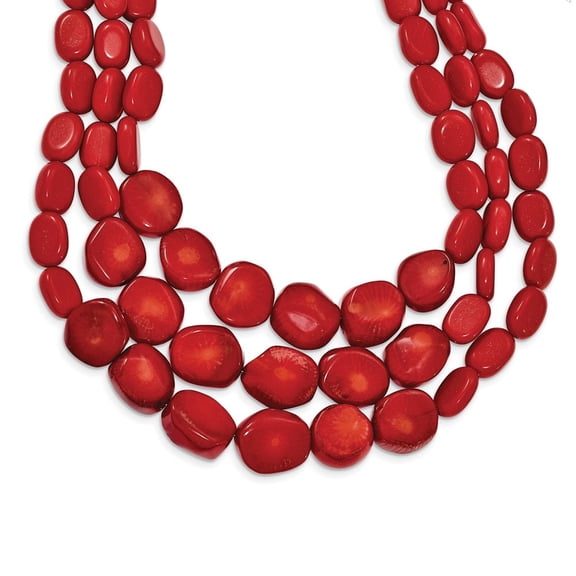 Diamond2Deal 925 Sterling Silver Triple Strand Red Coral Necklace for Women with 2 in ext 16"