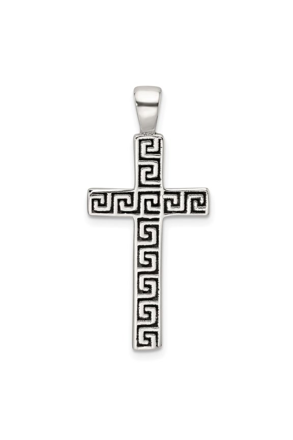 925 Sterling Silver and Antiqued Greek Key Latin Cross Pendant for Women