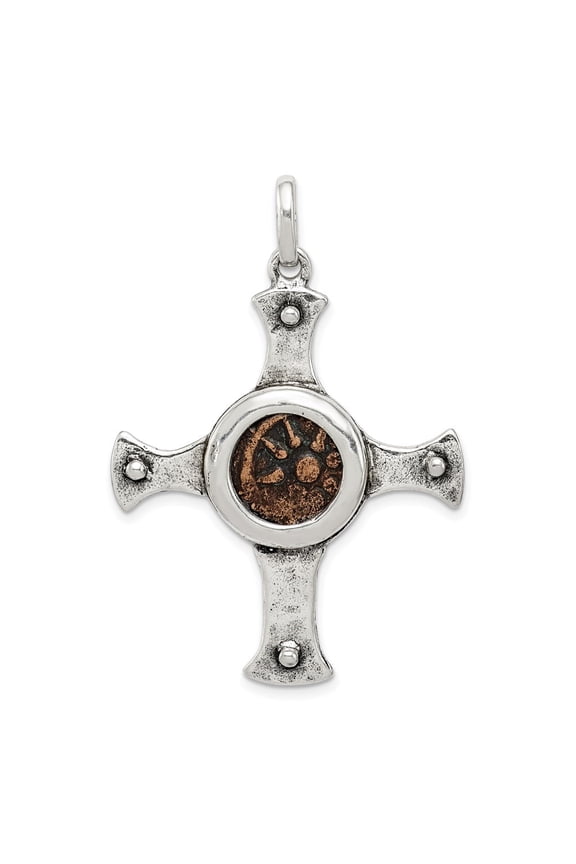 925 Sterling Silver and Bronze Antiqued Widow's Mite Coin Cross Pendant for Women