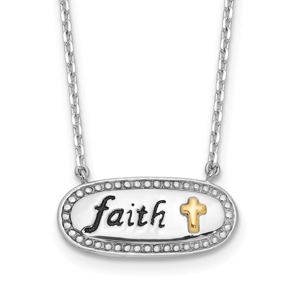 Diamond2Deal 925 Sterling Silver with 14K Gold accent Rh-plated Enamel FAITH w/2in. ext. Necklace for Women 18"