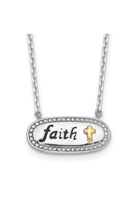 925 Sterling Silver with 14K Gold accent Rh-plated Enamel FAITH w/2in. ext. Necklace for Women 18"