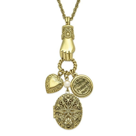 Diamond2Deal Brass-tone Hand Holding Oval 28 mm Locket and Polished Heart and Peace Charm Necklace Holds 2 Photos Valentine Day Gift for Women 30"