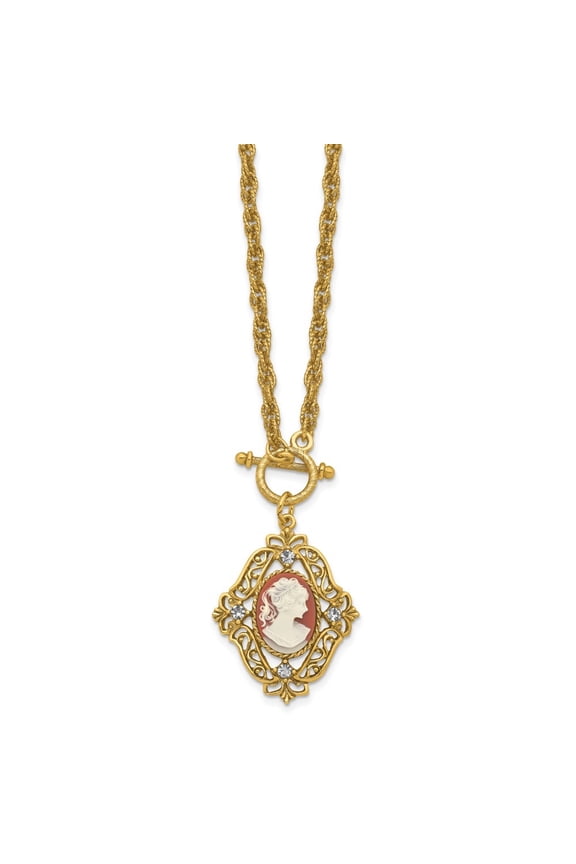 Gold-tone Filigree Frame Crystal Accent and Imitation Dark Carnelian with Ivory Colored Lady Cameo Necklace for Women 18"