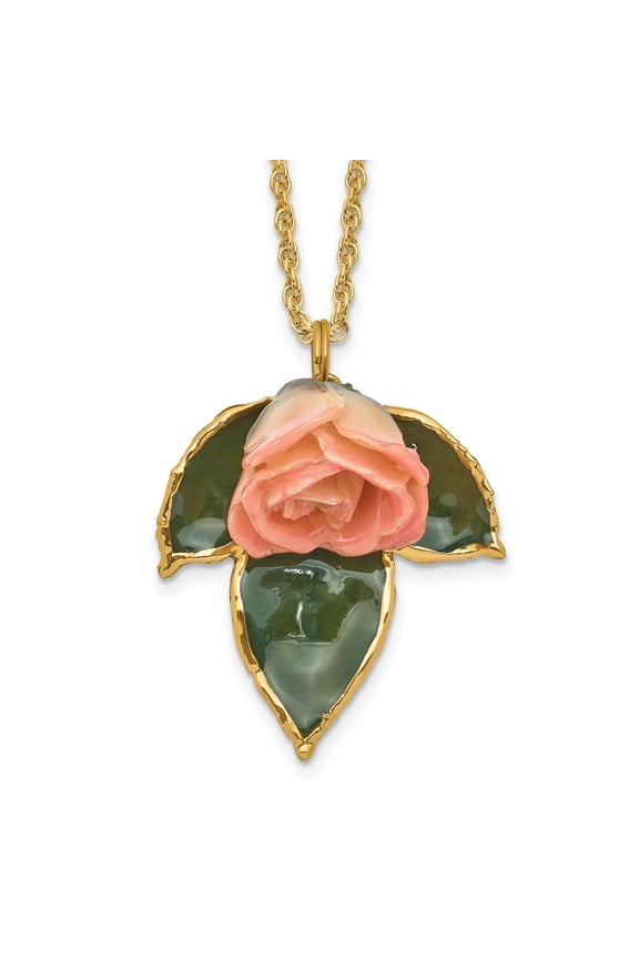Lacquer Dipped Cream and Pink Real Rose on 24K Gold-trim Lacquered Dipped Leaf Gold-tone Necklace for Women 20"