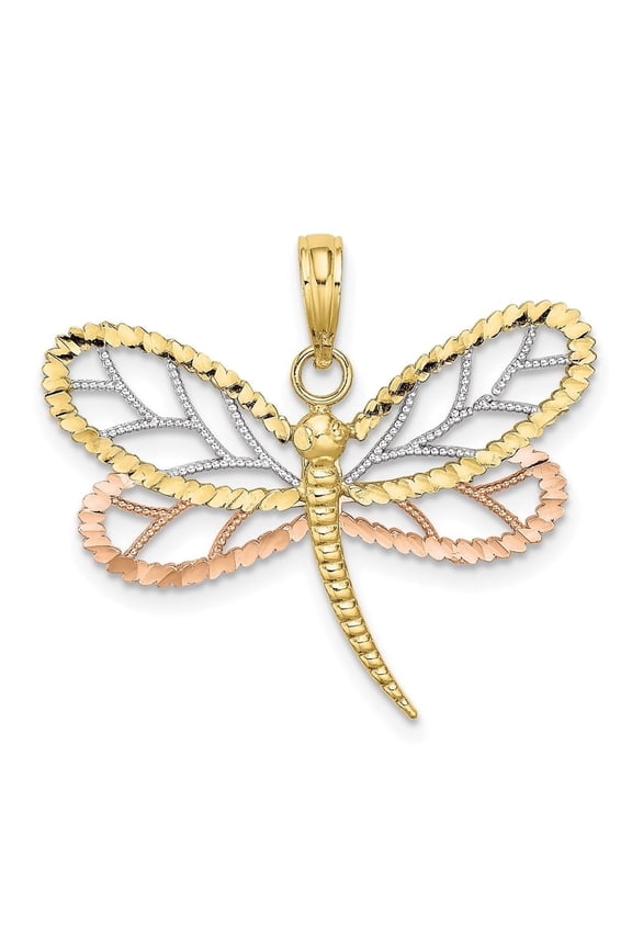 10k Tri-Color Gold Dragonfly with Beaded Diamond-Cut Wings Charm Pendant for Women (L- 0.97 inch, W- 1.12 inch)