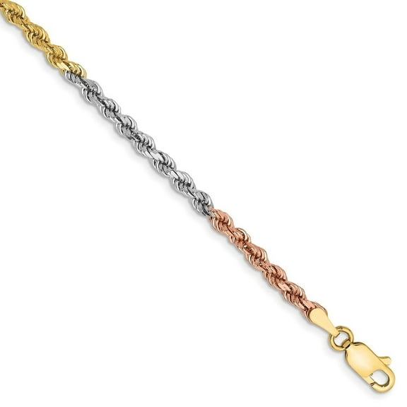 14K Tri-Color Gold 2.9mm Diamond-Cut Rope Chain Bracelet for Women 7"
