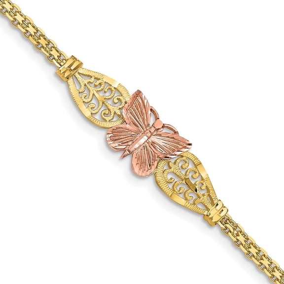 14K Two-Tone Gold Polished and Diamond-Cut Butterfly Bracelet for Women 7"