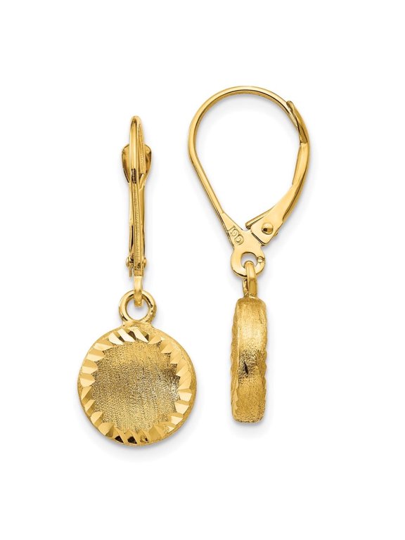 14K Yellow Gold Brushed and Polished Diamond-Cut Circle Leverback Earrings for Women (L- 1.19 inch, W- 0.4 inch)