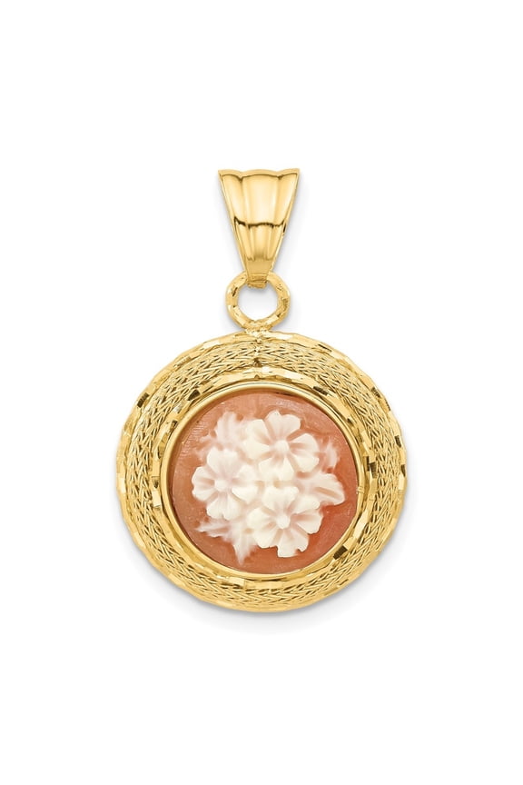 14k Yellow Gold Diamond-cut Natural Shell Floral Cameo Pendant for Women (L-29.21 mm, W-19.05 mm)