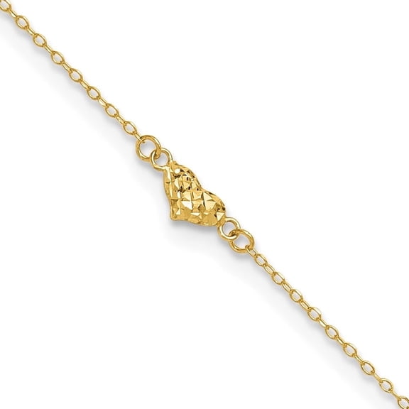 14K Yellow Gold Diamond-Cut Triple Puffed Hearts Plus 1in. Ext. Cable Chain Anklet for Women 9"