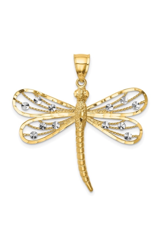 14K Yellow Gold Diamond-Cut White Rhodium Dragonfly Pendant for Women