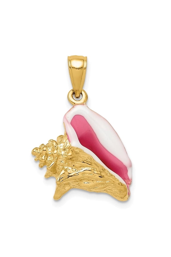 14K Yellow Gold Polished 3-D Pink and White Enameled Conch Shell Pendant for Women (L- 0.95 inch, W- 0.63 inch)