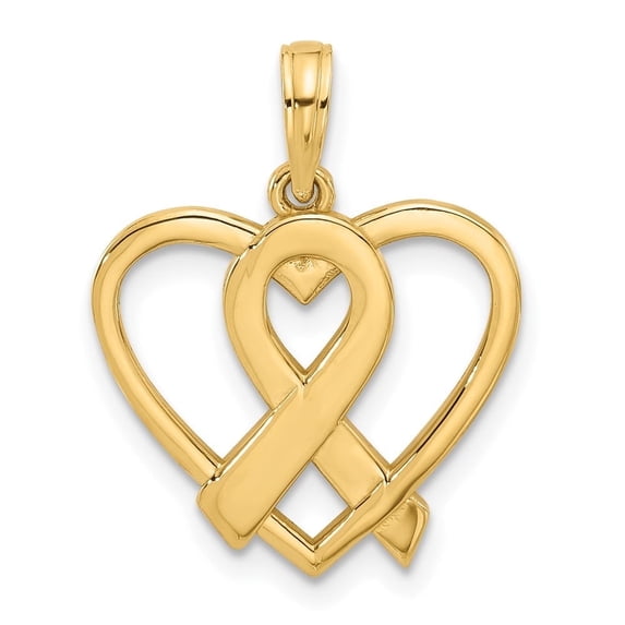 Diamond2Deal 14K Yellow Gold Polished Awareness Ribbon and Heart Charm Pendant for Women (L- 0.91 inch, W- 0.71 inch)