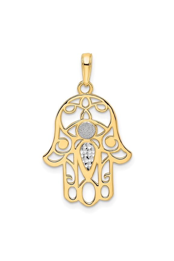 14K Yellow Gold & White Rhodium D/C Evil Eye Hamsa Pendant for Women (L-30.87 mm, W-17.94 mm)