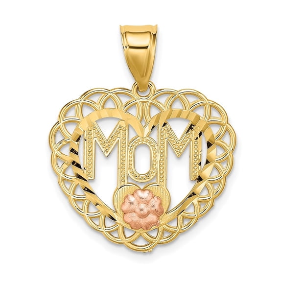Diamond2Deal 14K Two Tone Gold MOM in Heart Frame Charm Pendant for Women (L- 1.02 inch, W- 0.87 inch)