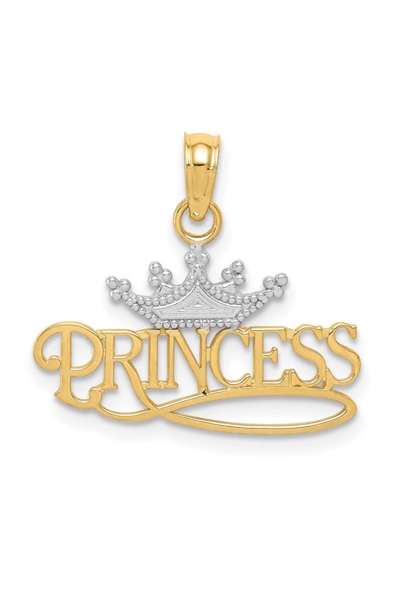 14k Yellow Gold with Rhodium Polished PRINCESS with Crown Pendant for Women