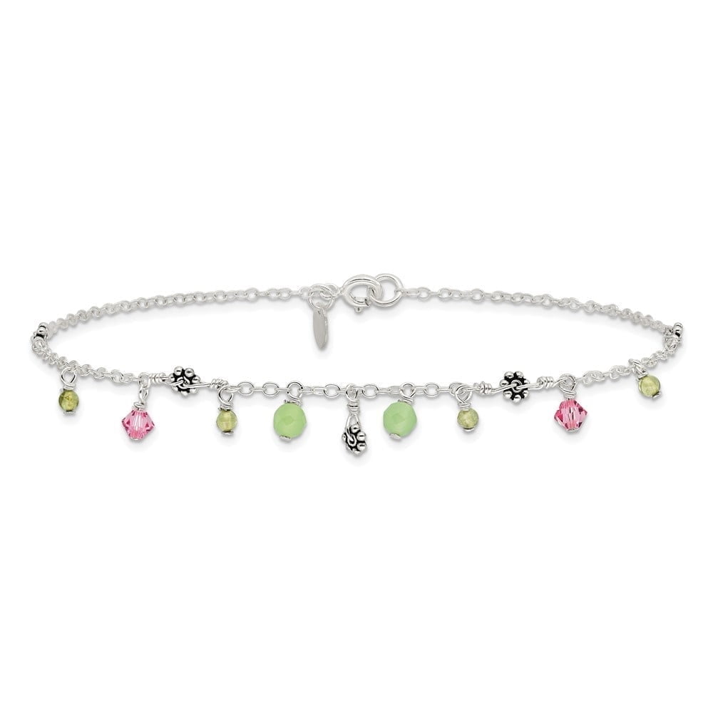 925 Sterling Silver Pink Crystal Green Quartz Peridot Beads Chain Anklet for Women 9"