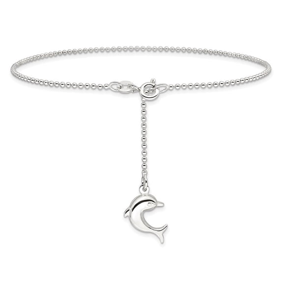 925 Sterling Silver Plus 1in Ext Polished Dolphin Chain Anklet for Women 9"