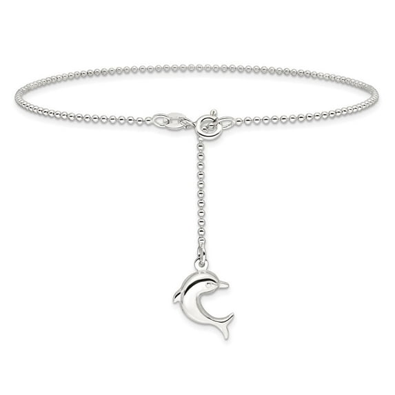 925 Sterling Silver Plus 1in Ext Polished Dolphin Chain Anklet for Women 9"