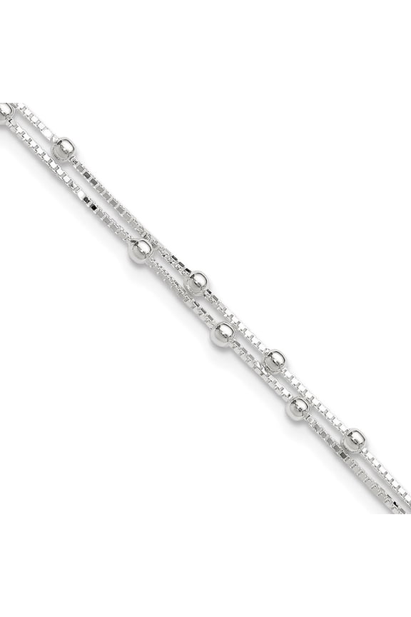 925 Sterling Silver Polished Beaded 2-strand Plus 1 inch ext. Chain Anklet for Women 11"