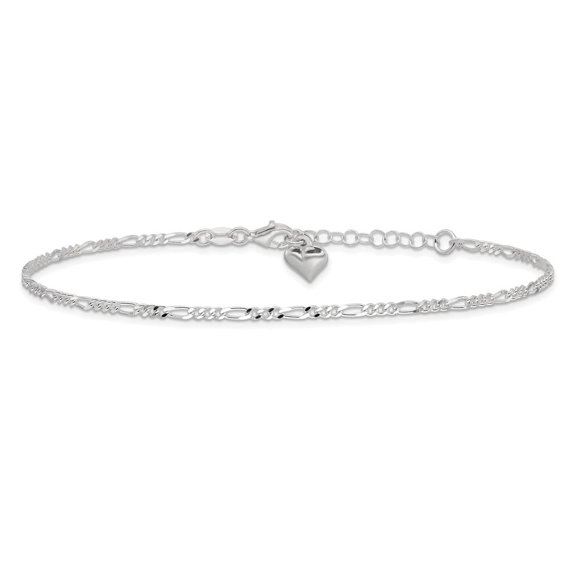 925 Sterling Silver Polished Heart Plus 1in Ext. Chain Anklet for Women 9"