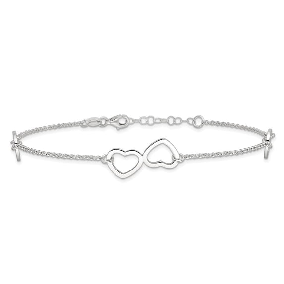925 Sterling Silver Polished Heart Plus 1in ext. Chain Anklet for Women 9"