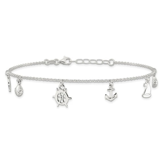 925 Sterling Silver Polished Ocean Theme Plus 1in Ext. Chain Anklet for Women 9"
