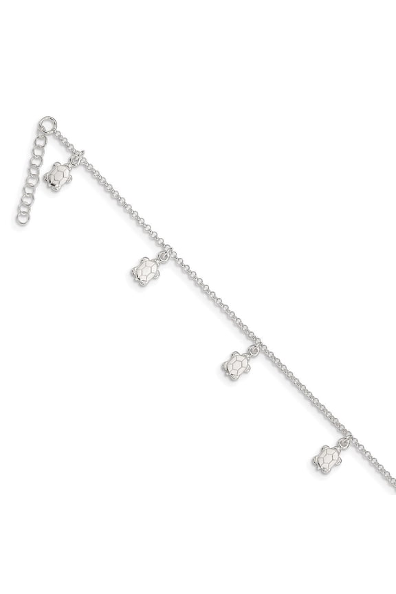 925 Sterling Silver Polished Turtle Plus 1in Ext. Chain Anklet for Women 9"