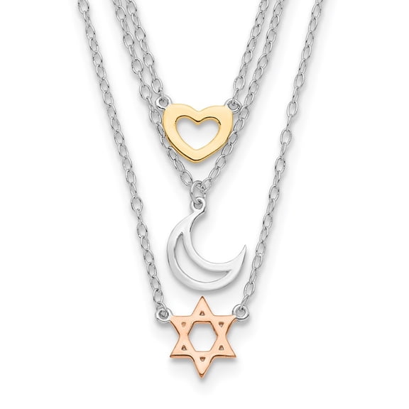 Diamond2Deal 925 Sterling Silver RH-pltd Gold and Rose-tone Sun Moon Star Necklace for Women 16"