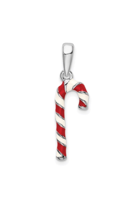 925 Sterling Silver Rhod-Plated 3D Enameled Candy Cane Pendant for Women