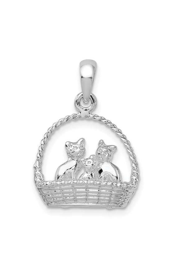 925 Sterling Silver Rhod-Plated 3D Kittens in Basket Pendant for Women