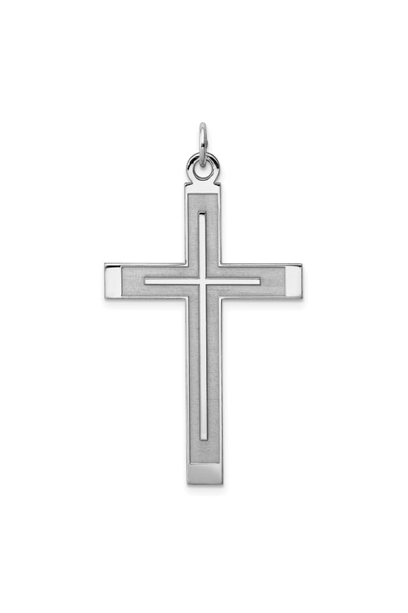 925 Sterling Silver Rhod-plated Satin Laser Designed Cross Pendant for Women (L- 1.74 inch, W- 0.95 inch)