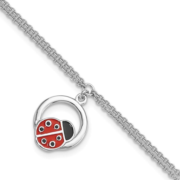 925 Sterling Silver Rhod-pltd Enamel Ladybug on Ring with 1" ext. Cable Chain Bracelet for Women 8.25"