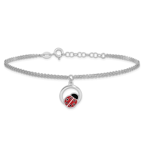 925 Sterling Silver Rhod-pltd Enamel Ladybug on Ring with 1" ext. Cable Chain Bracelet for Women 8.25"