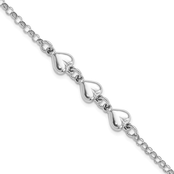 925 Sterling Silver Rhodium Plated Polished Triple Heart Charm Rolo Chain Bracelet for Women 7"