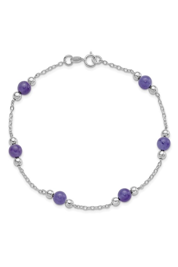 925 Sterling Silver Rhodium-plated Polished Lavender Jade Chain Anklet for Women 9"