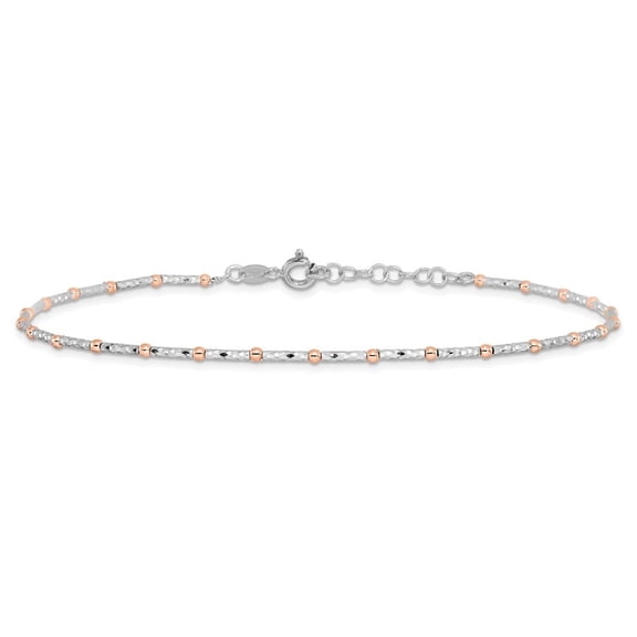 925 Sterling Silver Rose flash-plated Diamond-Cut with 1" ext. Chain Anklet for Women 9"