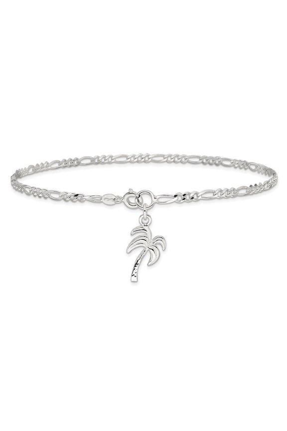 925 Sterling Silver Solid Polished Palm Tree Chain Anklet for Women 10"