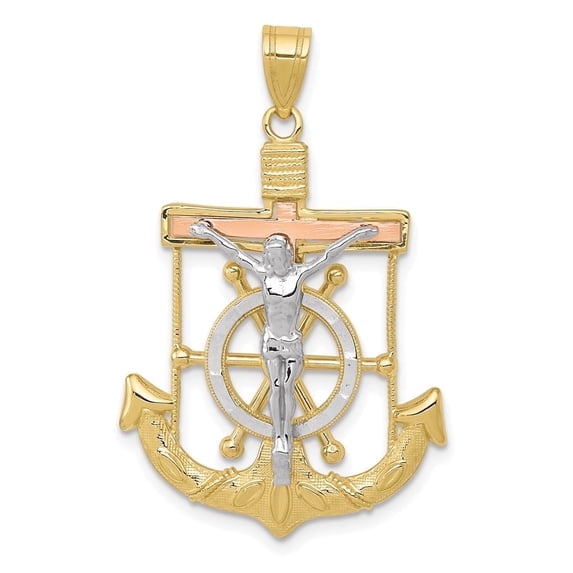 Diamond2Deal 10K Tri-Color Gold Diamond-Cut with Mariner's Cross Pendant for Women (L- 1.38 inch, W- 0.87 inch)