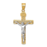 Diamond2Deal 10K Two-tone Gold Diamond-Cut Large Block Lattice Cross with Crucifix Pendant for Women L- 1.66 inch, W- 0.83 inch